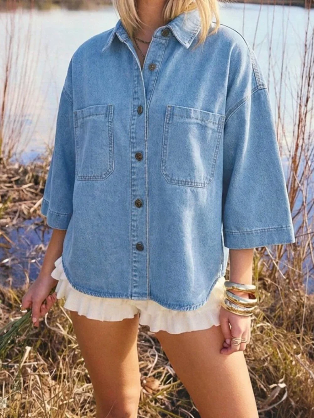 Light Wash Casual Women's Cute 3/4 Sleeve Drop Shoulder Pocket Denim Shirt